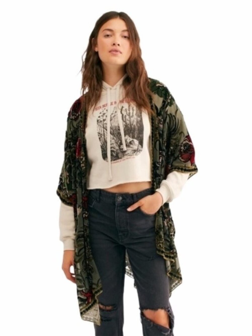 NWT Free People Muse Burn Out Velvet Kimono in Moss Green Floral One Size OS
